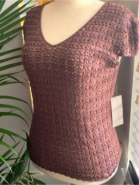 Beaded Crochet Sweater, Cotton Yarn, Cap Sleeve, Large